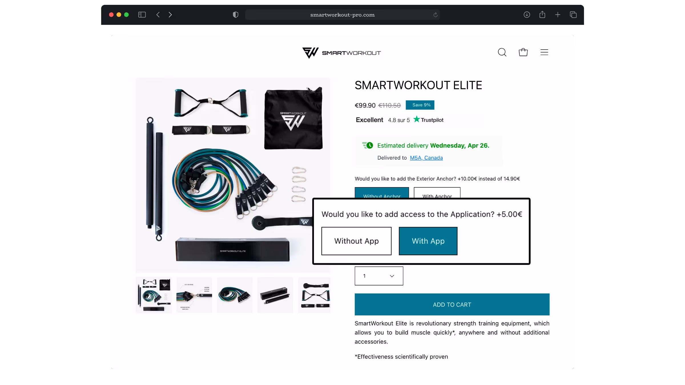 SmartWorkout's product page highlighting the Without App and With app optional upsell